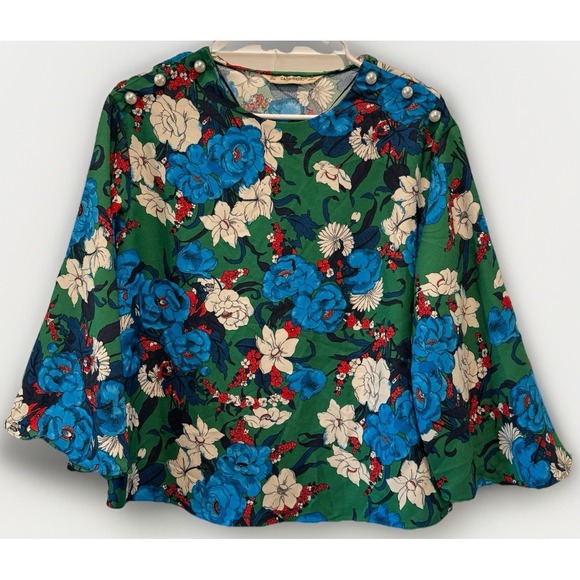 Zara Tops - Zara Green Blue White Preppy Floral Bell Sleeve Modest High Neck Blouse Size‎ S